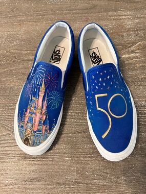 Vans HAND PAINTED Blue Slip-On Shoes with Castle & 50th Anniversary Design